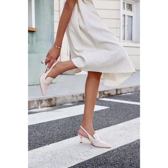 💫 Women Cream Slingback Kitten Heel Pointed Toe Pumps Ankle Buckle Dress Shoes - Picture 2 of 8